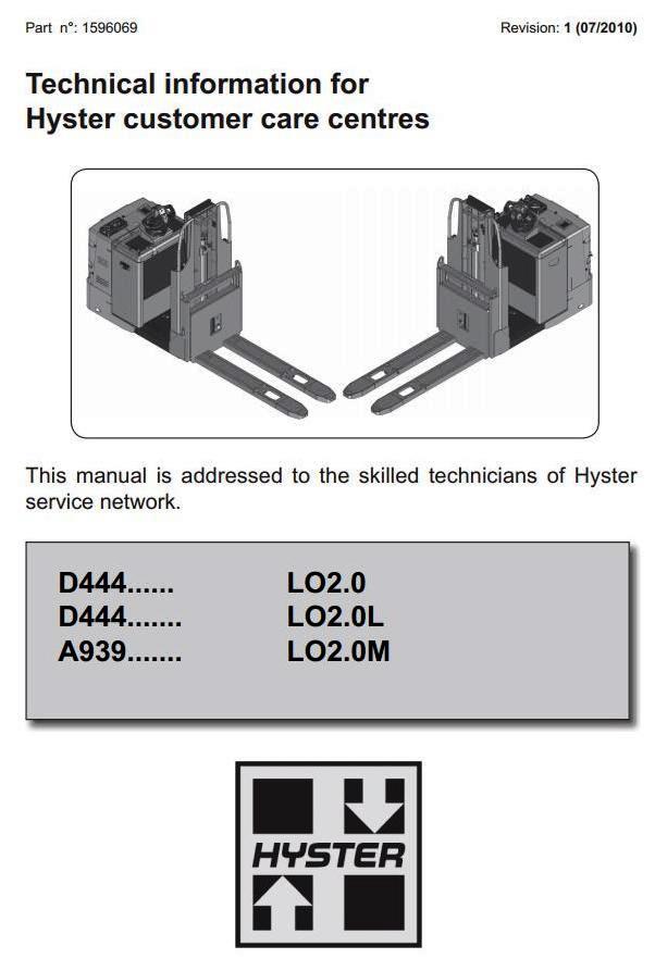 Hyster LO2.0, LO2.0L, LO2.0M Low Level Order Picker A939, D444 series Workshop Service Manual