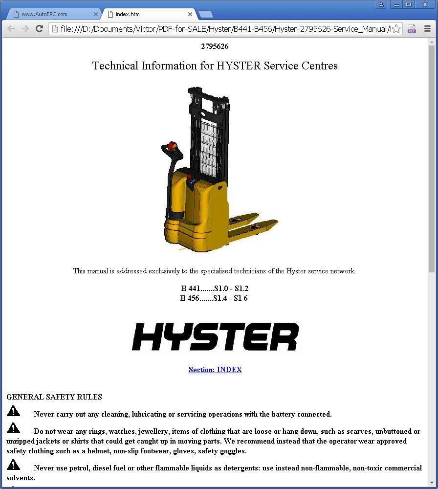 Hyster S1.0, S1.2, S1.4, S1.6 Electric Pedestrian Stacker B441, B456 series Workshop Service Manual