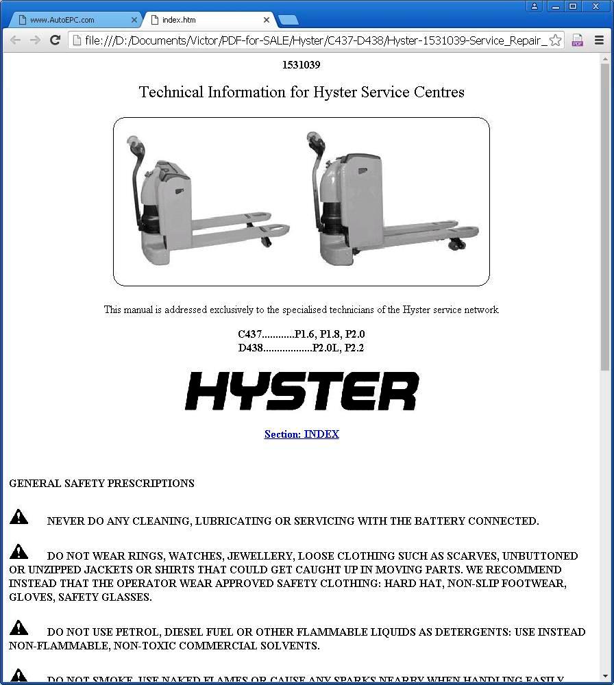 Hyster P1.6, P1.8, P2.0, P2.0L, P2.2 Pedestrian Pallet Truck C437, D438 Series Service Repair Manual