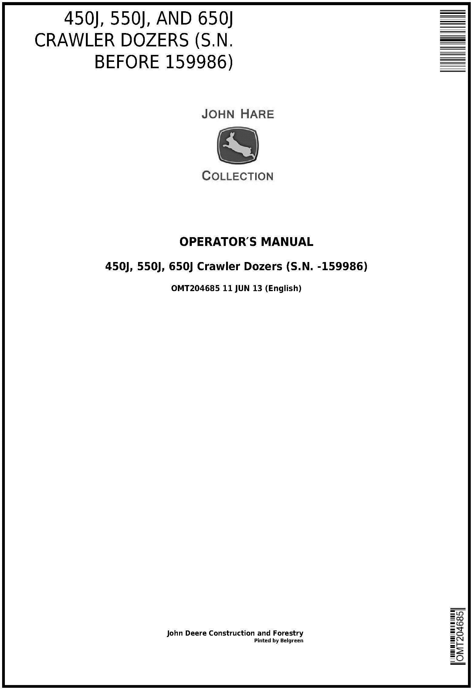 John Deere 450J, 550J, and 650J Crawler Dozer (S.N. before 159986) Operators Manual (OMT204685)