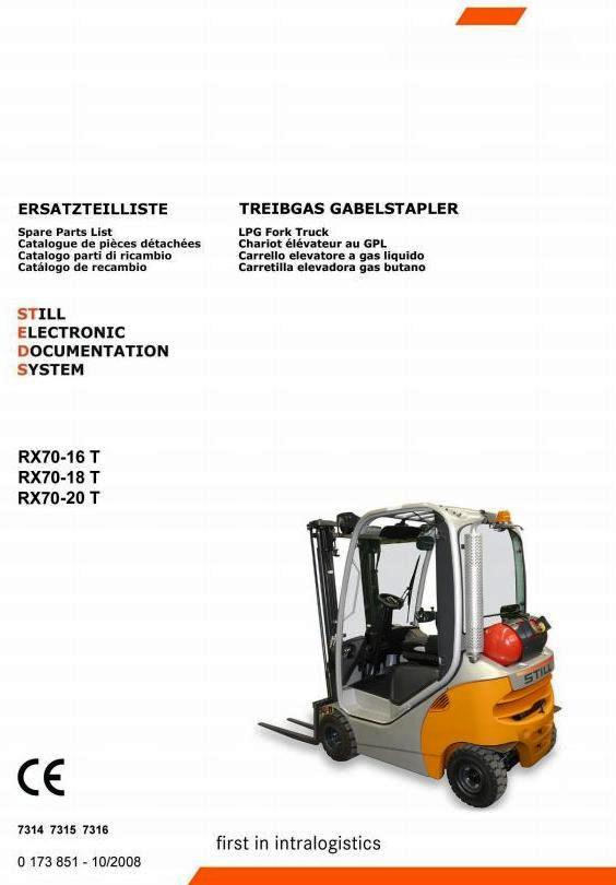 Still RX70-16, RX70-18, RX70-20 LPG Forklift Truck Series 7314, 7315, 7316 Spare Parts Manual