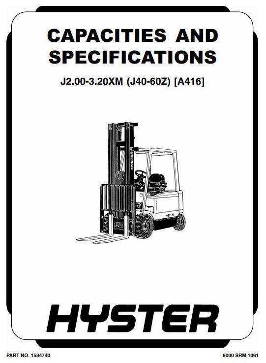 Hyster J40Z, J50Z, J60Z Electric Forklift Truck A416 Series Workshop Service Manual (USA)