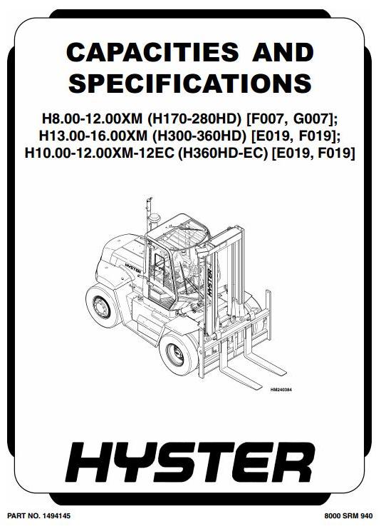 Hyster H300HD, H330HD, H360HD (-EC) Diesel Forklift Truck E019 Series Workshop Service Manual (USA)