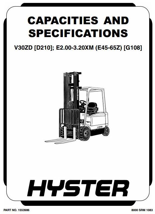 Hyster E45Z, E50Z, E55Z, E60Z, E65Z Electric Forklift Truck G108 Serie Workshop Service Manual (USA)