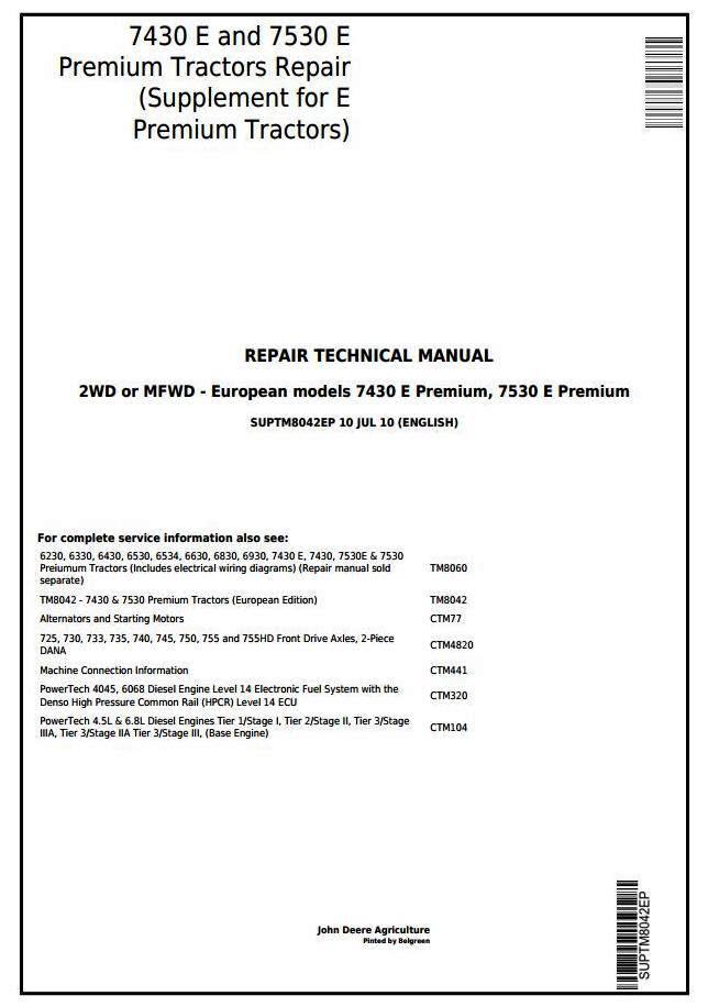 John Deere Tractors 7430E, 7530E Premium (European) Supplement for Repair Technical Manual (SUPTM8042EP)