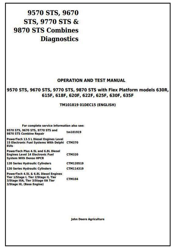 John Deere 9570STS, 9670STS, 9770STS, 9870STS Combines Diagnostic and Test Service Manual (TM101819)