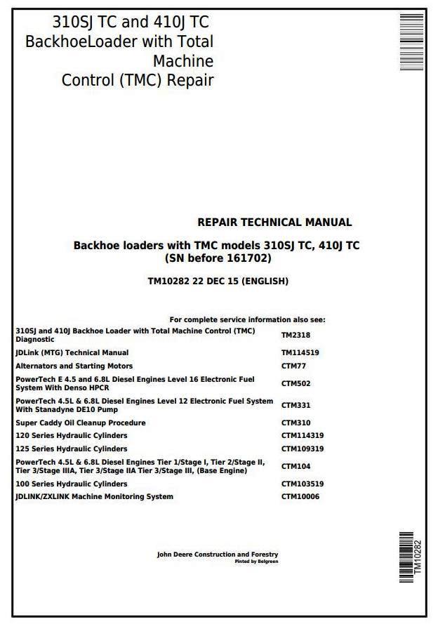John Deere 310SJ TC, 410J TC Backhoe Loader w.TMC (SN. -161702) Service Repair Manual (TM10282)
