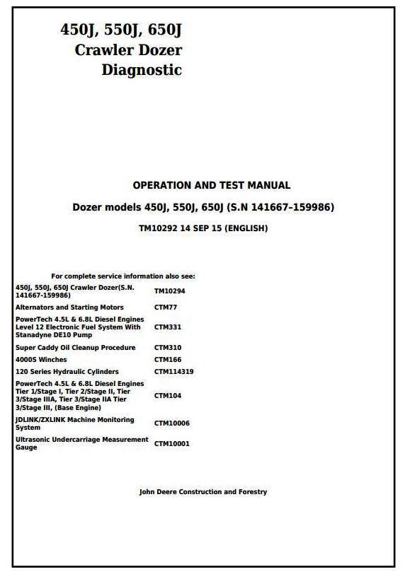 John Deere 450J, 550J, 650J Crawler Dozer (S.N.141667-159986) Diagnostic&Test Service Manual (TM10292)