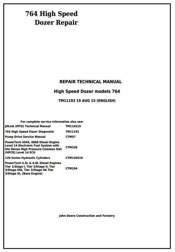 John Deere 764 High Speed Crawler Dozer Service Repair Technical Manual (TM11193)