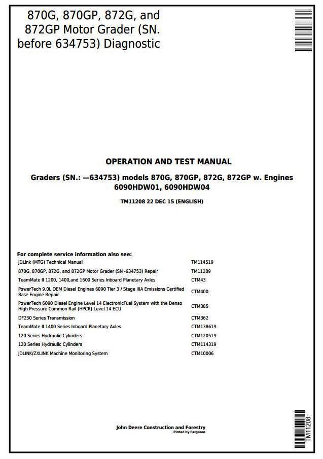 John Deere 870G, 870GP, 872G, 872GP (SN.-634753) Motor Grader Diagnostic&Test Service Manual (TM11208)