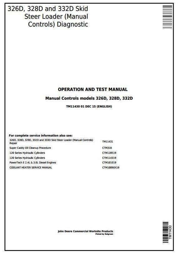 John Deere 326D, 328D, 332D Skid Steer Loader w.Manual Controls Diagnostic Service Manual (TM11430)