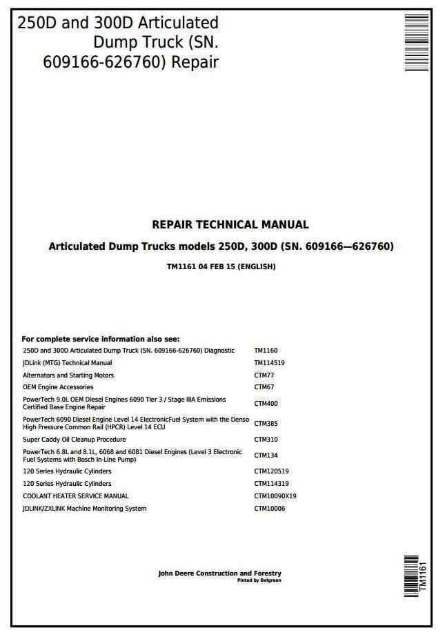 John Deere 250D, 300D Articulated Dump Truck (SN.609166-626760) Service Repair Manual (TM1161)