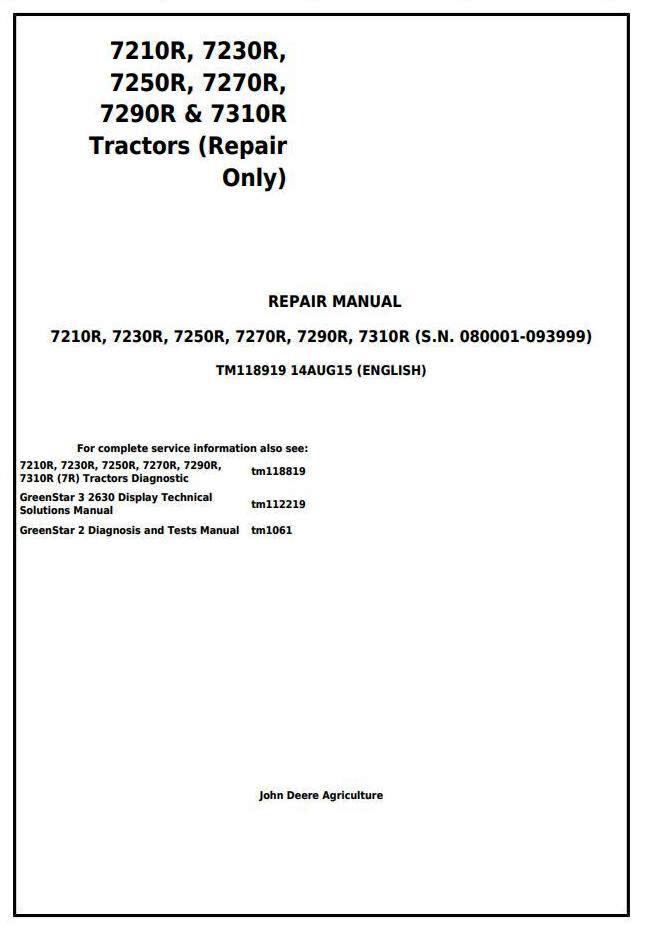 John Deere 7210R, 7230R, 7250R, 7270R, 7290R & 7310R Tractors Service Repair Manual (TM118919)