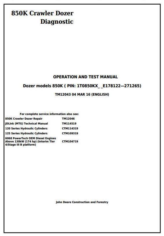 John Deere 850K Crawler Dozer (PIN: 1T0850KX__E178122-271265) Diagnostic, Test Service Manual (TM12043)