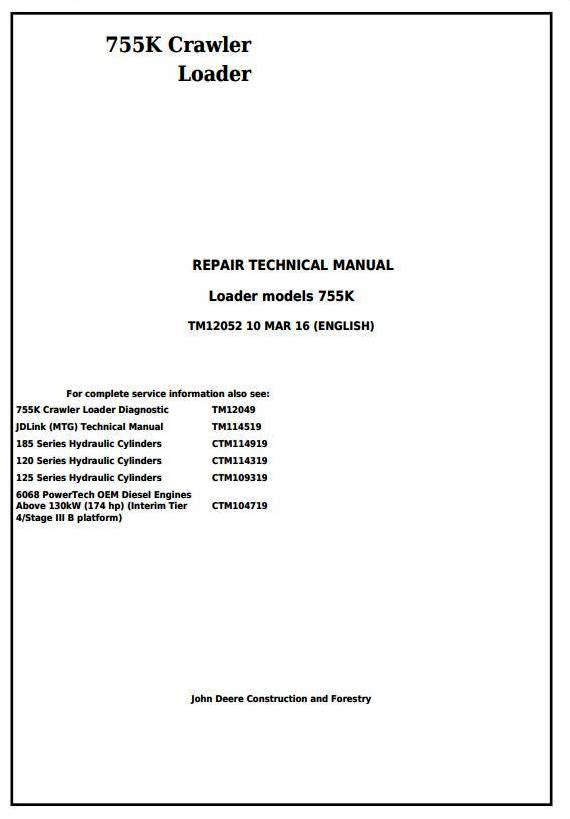 John Deere 755K Crawler Loader Service Repair Technical Manual (TM12052)