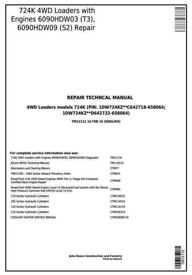 John Deere 724K 4WD Loader (SN.C642718-658064;D642722-658064) Service Repair Technical Manual (TM12112)