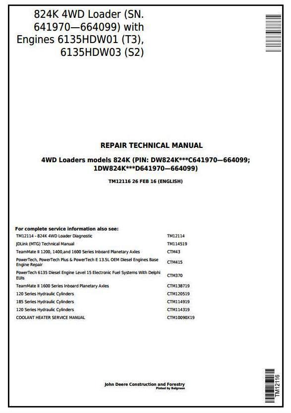 John Deere 824K 4WD Loader (SN.641970664099) w.T3/S2 Engines Service Repair Technical Manual (TM12116)