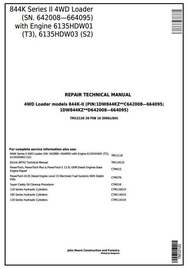 John Deere 844K Series II (T2/S2 Engines) 4WD Loader (SN.642008664095) Service Repair Manual (TM12120)