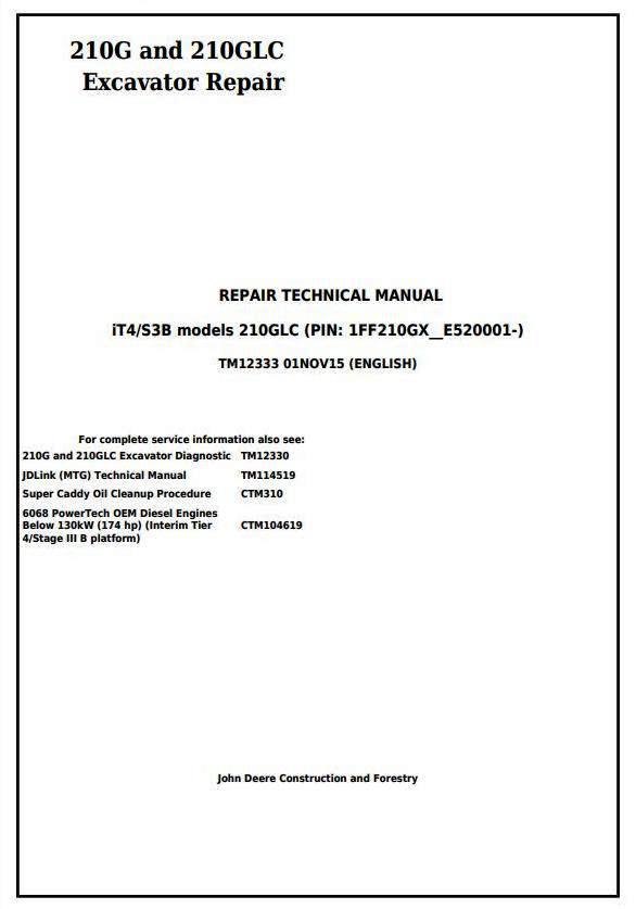John Deere 210G, 210GLC (PIN: 1FF210GX__E520001-) iT4/S3B Excavator Service Repair Manual (TM12333)