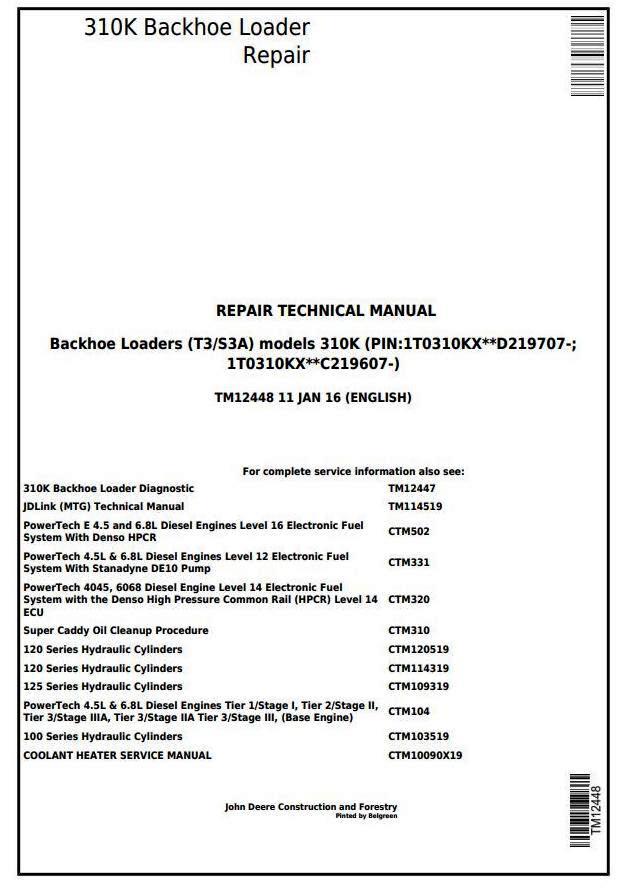 John Deere 310K Backhoe Loader (SN. D219707-; C219607-) Service Repair Technical Manual (TM12448)