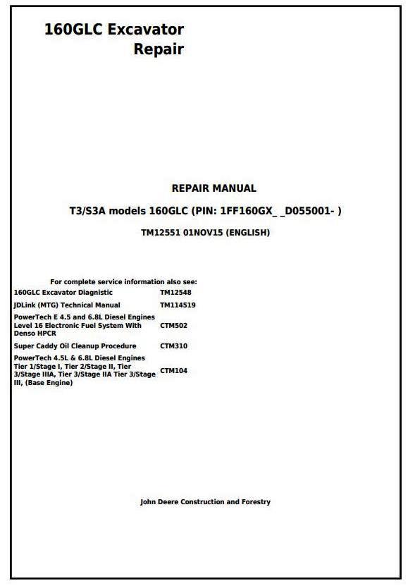 John Deere 160GLC (PIN: 1FF160GX__D055001-) T3/S3A Excavator Service Repair Manual (TM12551)