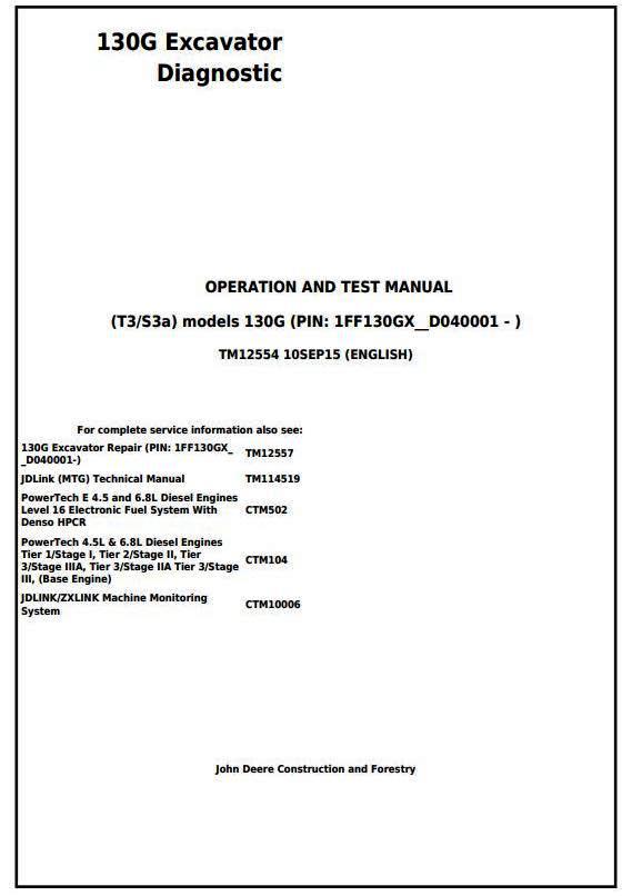 John Deere 130G (T3/S3a) Excavator (S.N. 1FF130GX_D040001) Operation & Test Service Manual (TM12554)