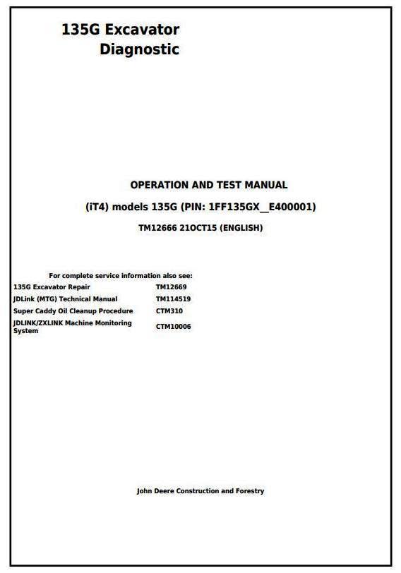 John Deere 135G (iT4) Excavator Diagnostic, Operation and Test Service Manual (TM12666)