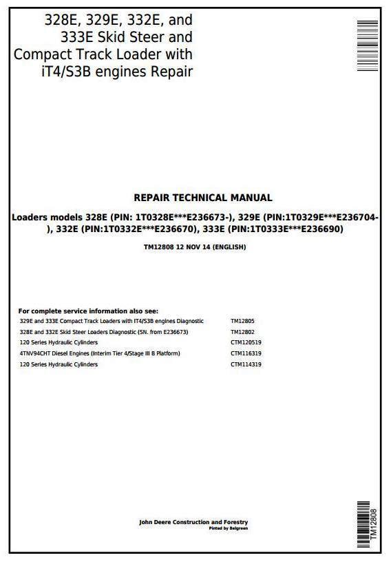 John Deere 328E, 329E, 332E, 333E Skid Steer and Compact Track Loaders Service Repair Manual TM12808