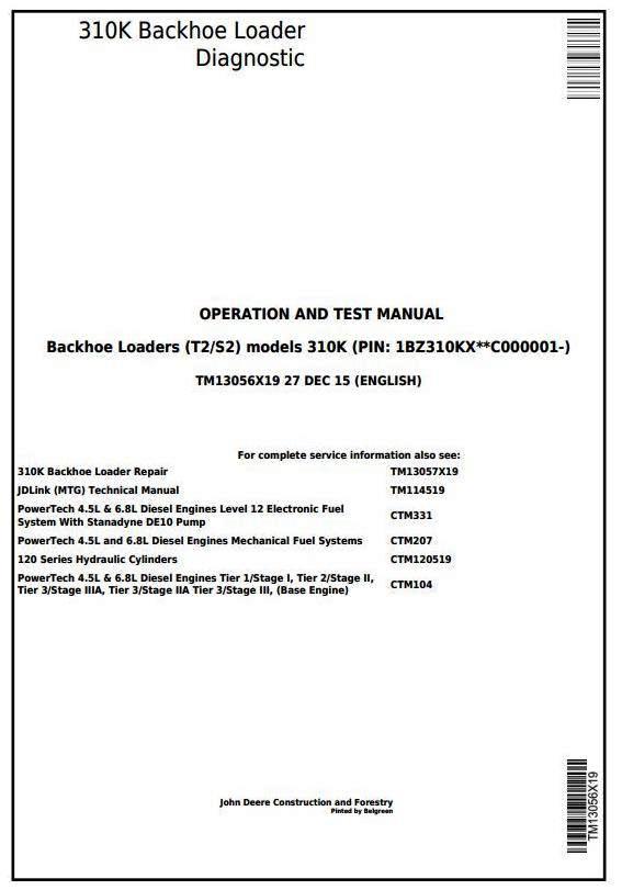 John Deere 310K Backhoe Loader (SN.C000001-) Diagnostic Operation & Test Service Manual (TM13056X19)