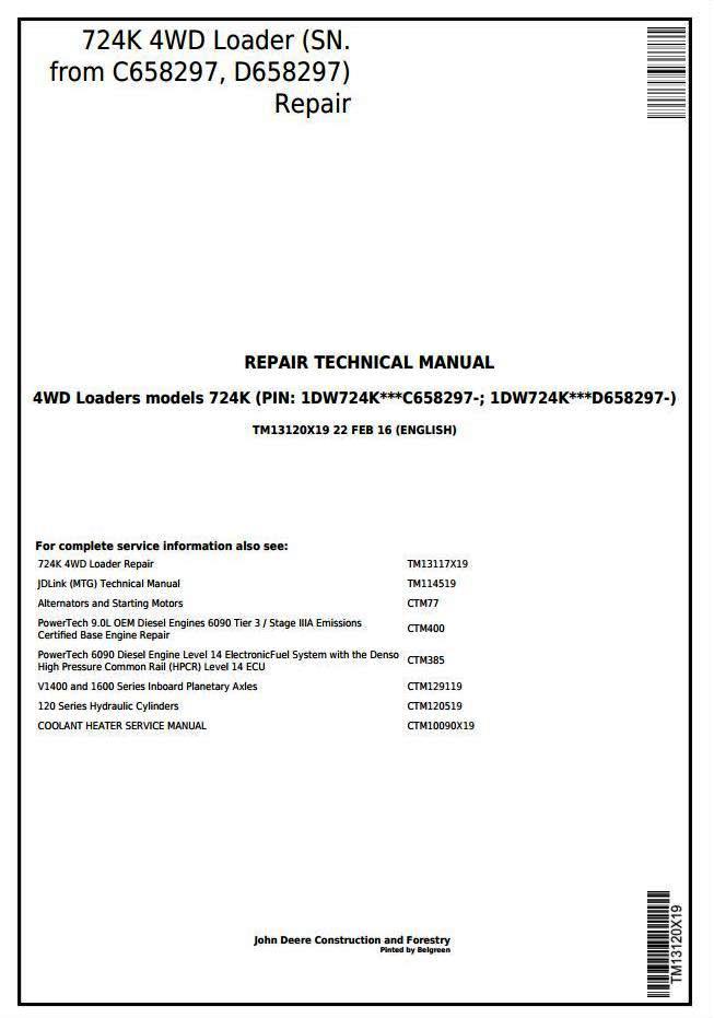 John Deere 724K 4WD Loader (SN. from C658297, D658297) Service Repair Technical Manual (TM13120X19)