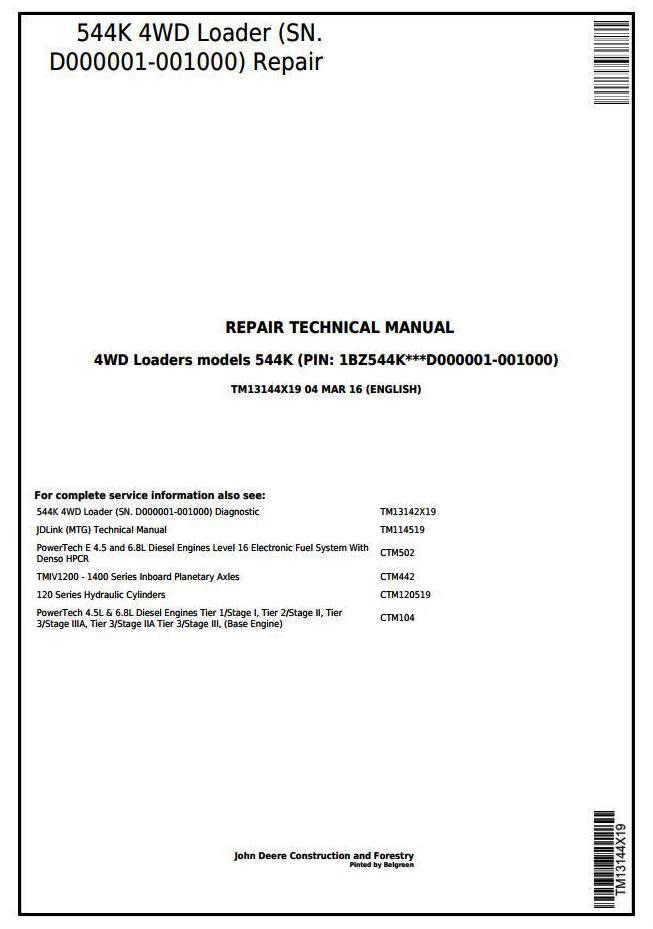 John Deere 544K (T3/S3a) 4WD Loader (SN.D000001-001000) Service Repair Technical Manual (TM13144X19)