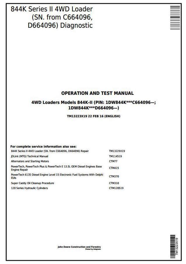 John Deere 844K Series II 4WD Loader (SN. C664096-, D664096-) Diagnostic & Test Manual (TM13223X19)