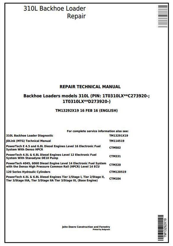 John Deere 310L Backhoe Loader (SN. from 273920) Service Repair Technical Manual (TM13292X19)