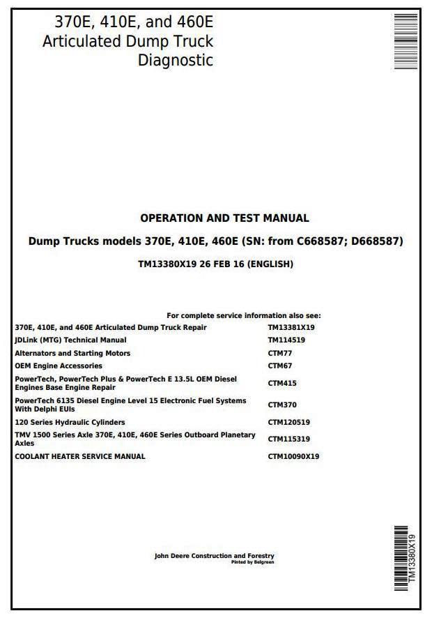John Deere 370E, 410E, 460E Articulated Dump Truck (SN: from C668587; D668587) Diagnostic (TM13380X19)