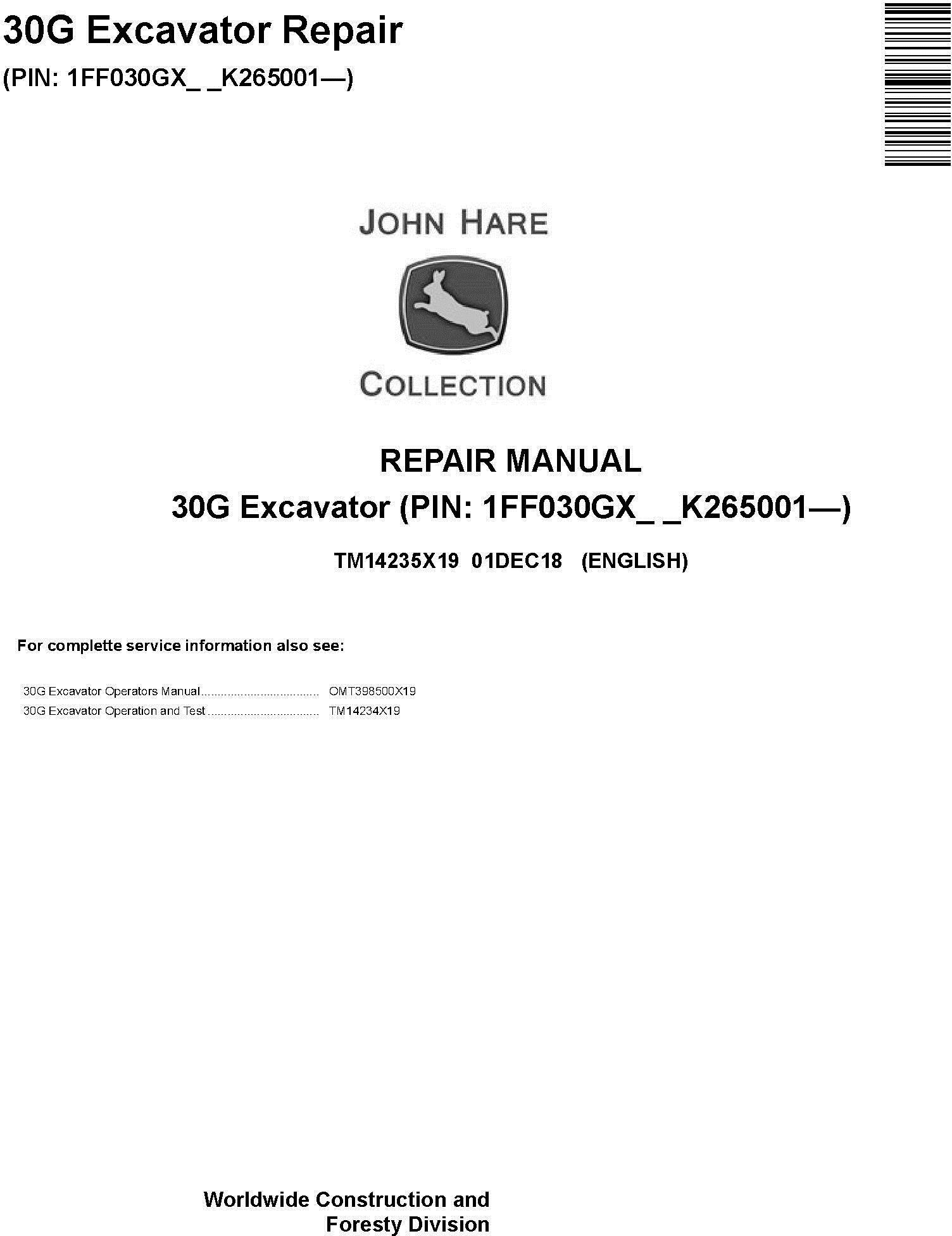 John Deere 30G (SN.from K265001) Excavator Service Repair Technical Manual (TM14235X19)
