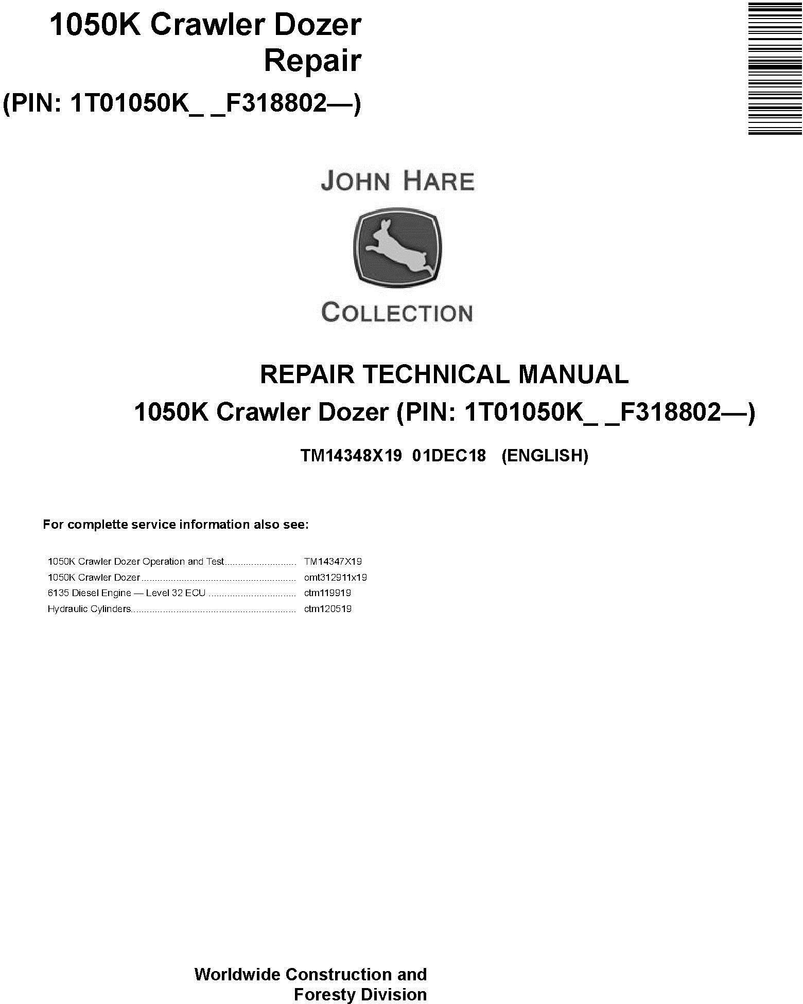 John Deere 1050K (SN. F318802-) Crawler Dozer Service Repair Technical Manual (TM14348X19)