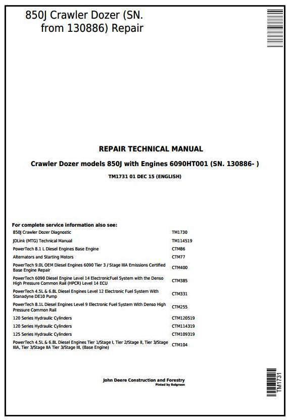 John Deere 850J Dozer (SN.130886-) w.Engine 6090HT001 Crawler Dozer Service Repair Manual (TM1731)