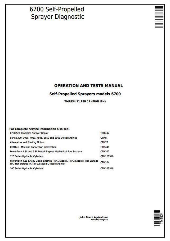John Deere 6700 Self-Propelled Sprayers Diagnostic and Tests Service Manual (TM1834)