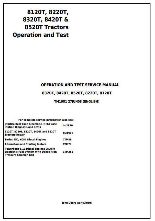 John Deere 8120T, 8220T, 8320T, 8420T, 8520T Tracks Tractor Operation & Test Service Manual (TM1981)