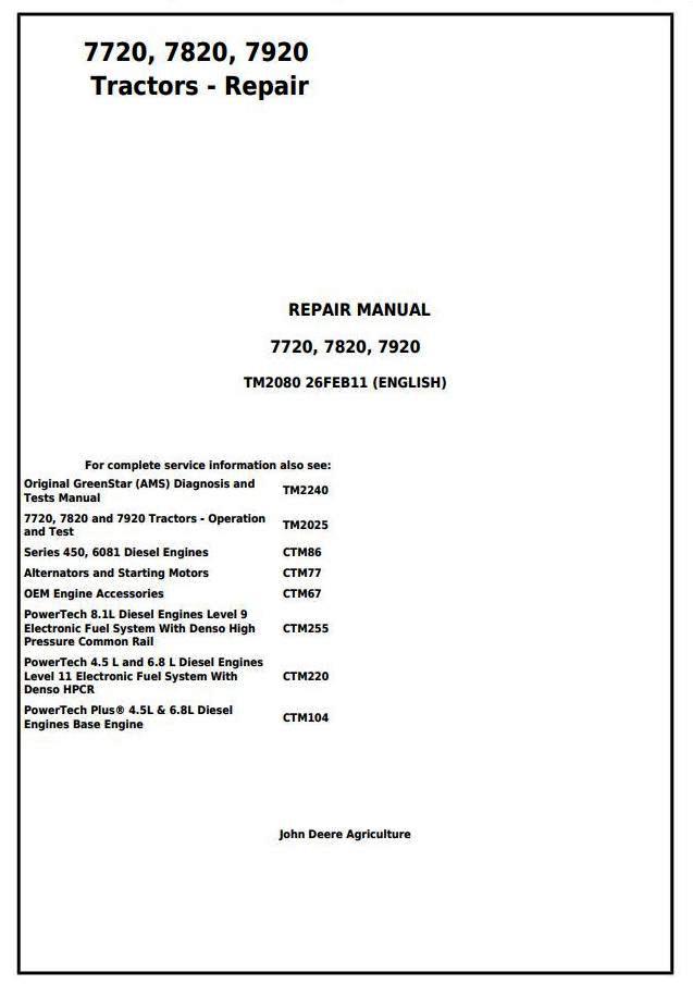John Deere 7720, 7820, 7920 Tractors Service Repair Technical Manual (TM2080)