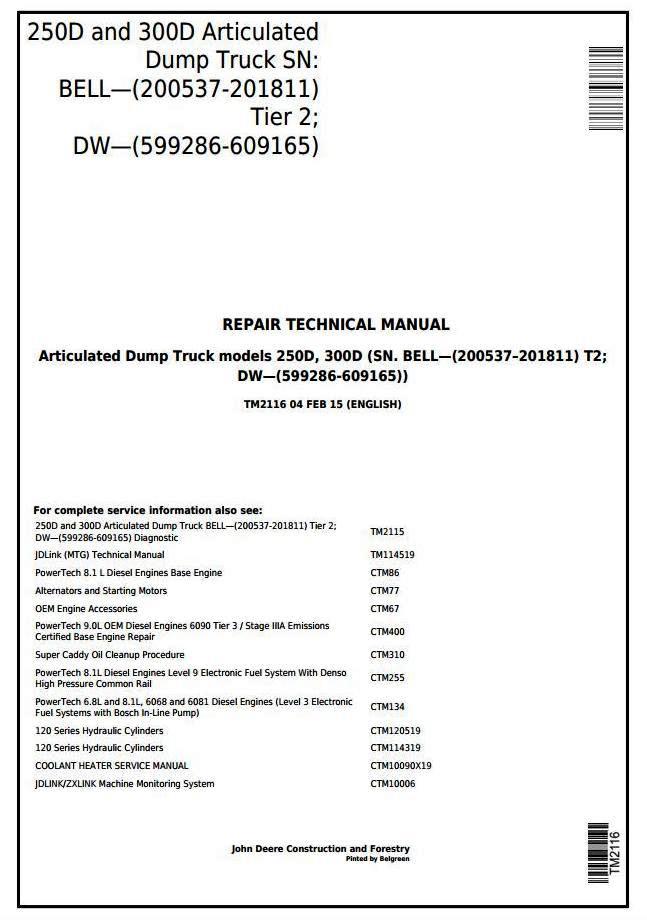John Deere 250D and 300D Articulated Dump Truck (BELL, DW) Service Repair Technical Manual (TM2116)