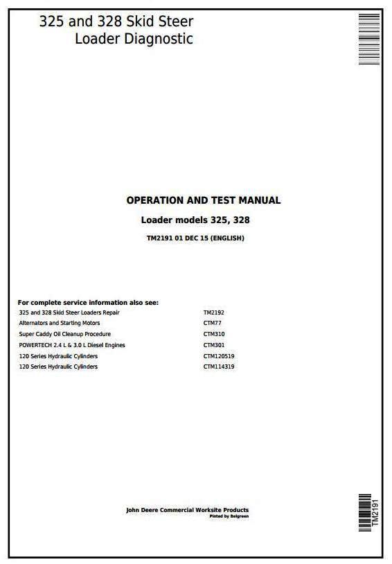 John Deere 325, 328 Skid Steer Loader Diagnostic, Operation and Test Service Manual (TM2191)