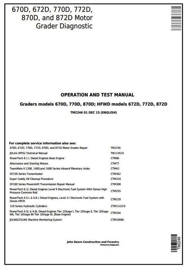 John Deere 670D, 672D, 770D, 772D, 870D, 872D Motor Grader Diagnostic & Test Service Manual (TM2246)