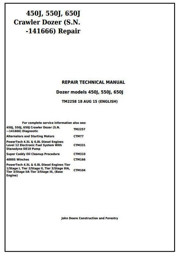 John Deere 450J, 550J, 650J Crawler Dozer (S.N.before 141666) Service RepairTechnical Manual (TM2258)
