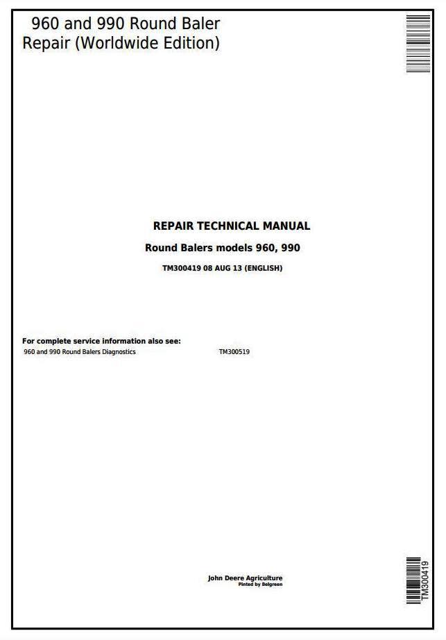 John Deere 960 and 990 Hay and Forage Round Baler Service Repair Technical Manual (TM300419)
