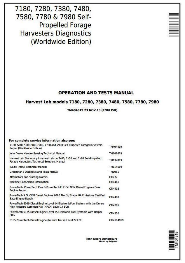 John Deere 7180, 7280, 7380, 7480, 7580, 7780, 7980 Forage Harvesters Diagnostic Service Manual (TM404319)