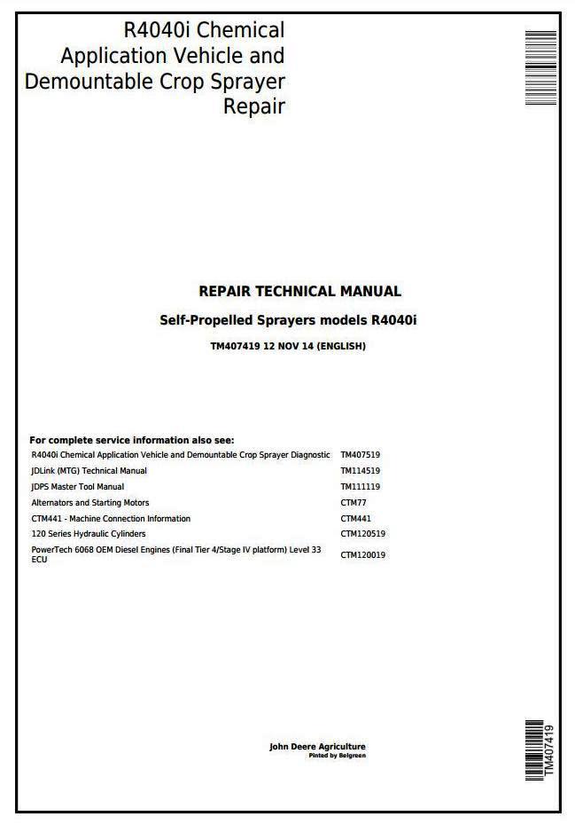 John Deere R4040i Demountable Self-Propelled Crop Sprayer Service Repair Technical Manual (TM407419)