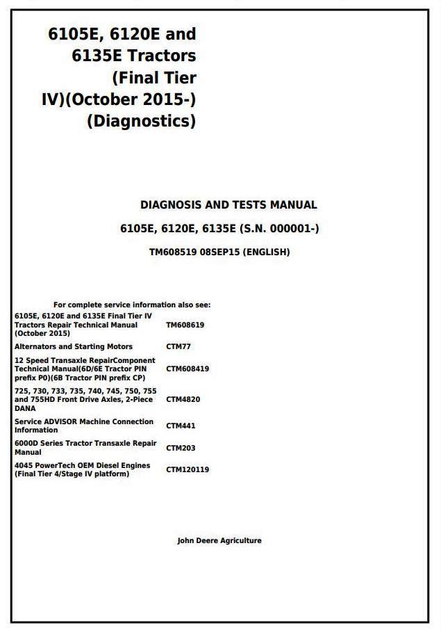 John Deere 6105E, 6120E, 6135E (Final Tier IV) Tractors Diagnosis & Tests Service Manual (TM608519)