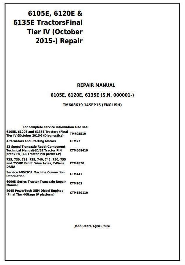 John Deere 6105E, 6120E, 6135E Final Tier IV (from 10.2015) Tractors Service Repair Manual (TM608619)