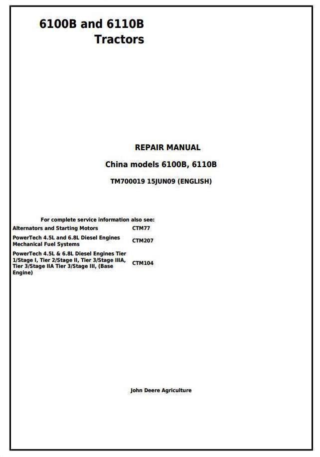 John Deere 6100B and 6110B 2WD or MFWD - China Tractors Service Repair Manual (TM700019)